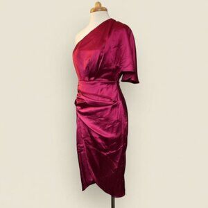 Cupshe Women’s M One Shoulder Satin Midi Dress Ruched Wrap Burgundy NWT